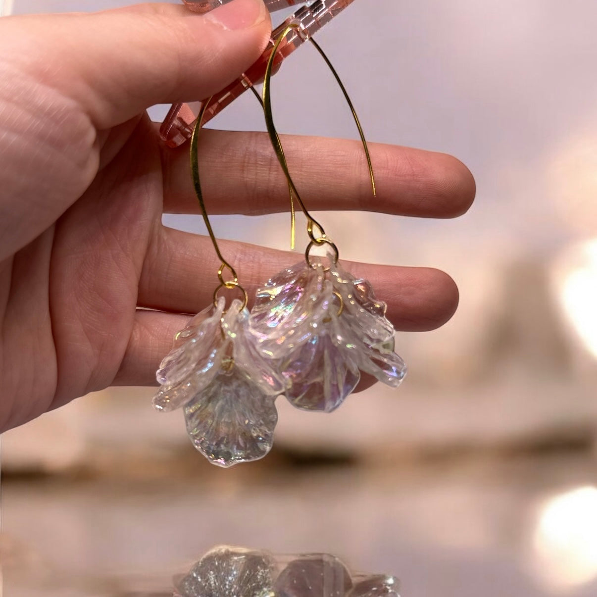 Iridescent - flower earrings | gold pearlescent shell petals dangle earrings |unique floral earrings | bridal party wedding earrings - TuttyKnitty