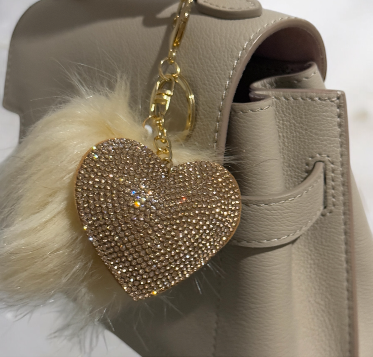 Glitter beige heart keychain | faux fur pompom | bag charm | lux trendy bag charm