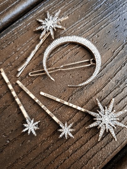 5 pack antique style brass plated starburst celestial hair clips with rhinestones | korean hair accessories | vintage celestial hair slides - TuttyKnitty