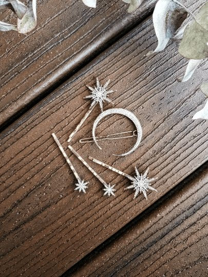 5 pack antique style brass plated starburst celestial hair clips with rhinestones | korean hair accessories | vintage celestial hair slides - TuttyKnitty