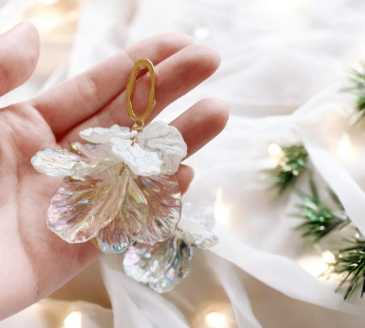 White - pearl flower earrings | iridescent petal | golden disc geometric floral earrings | bridal party wedding bridesmaid earrings