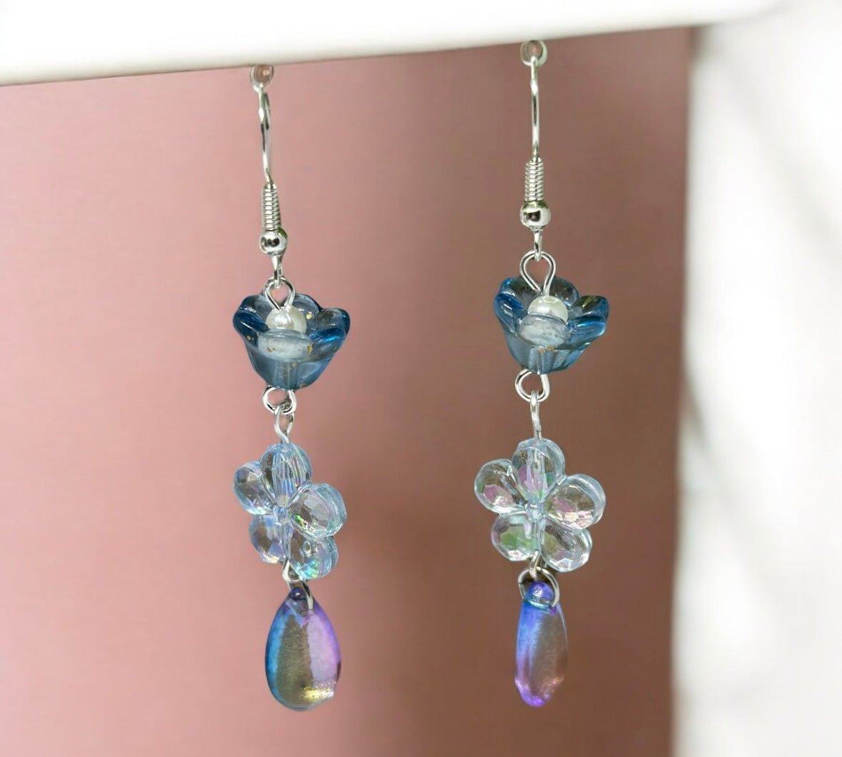 Whimsical - Blue mini flower earrings | elegant floral dangle chain earrings