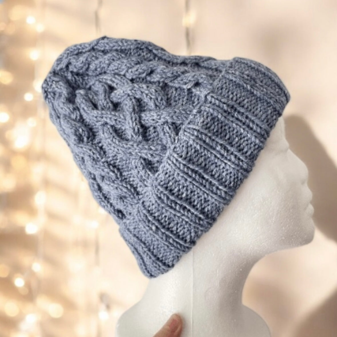 Hand knit Light Blue Cable Knitted Beanie with Denim Effect | blue knit hat | adult women or men unisex beanie | Winter knit slouchy hat