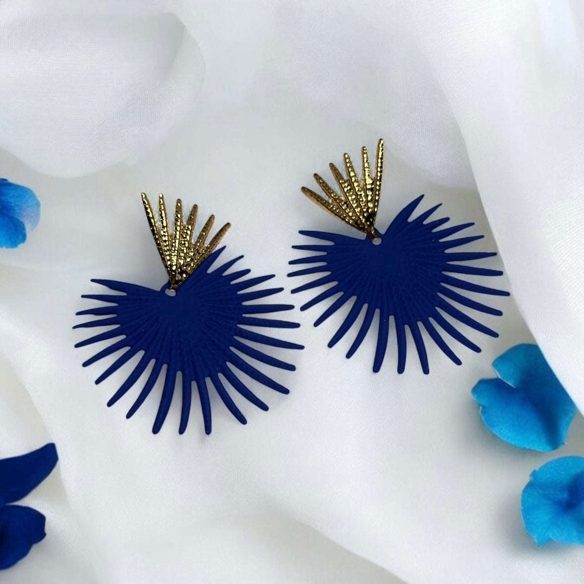 Geometric - Blue Starburst Flower petal spiky leaf Gold statement earrings | dangly drop earrings | oversize floral earrings | lightweight party earrings