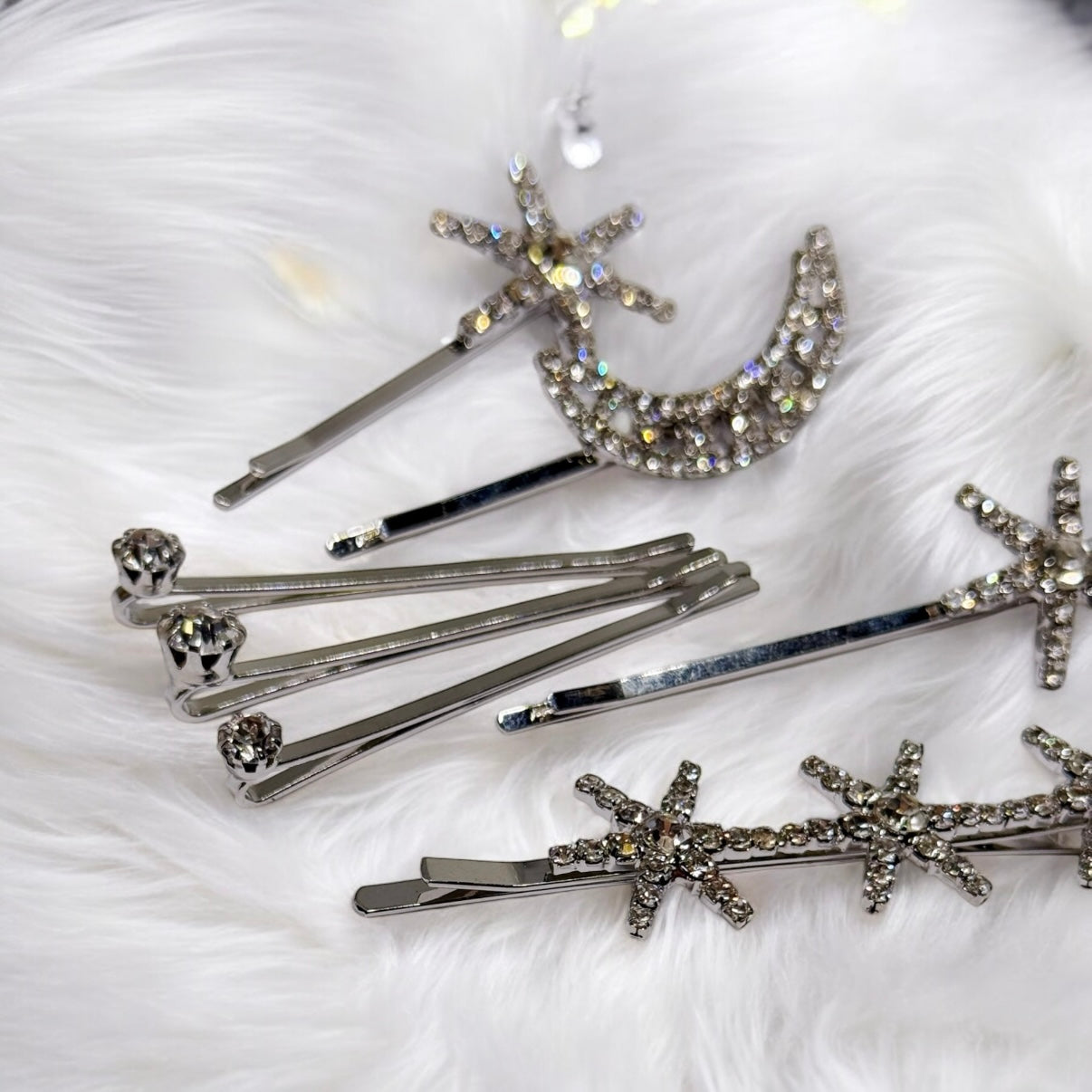 Silver glitter style celestial bridal hair clips set | rhinestones embedded vintage style hair slides | korean hair accessories | bobby pin