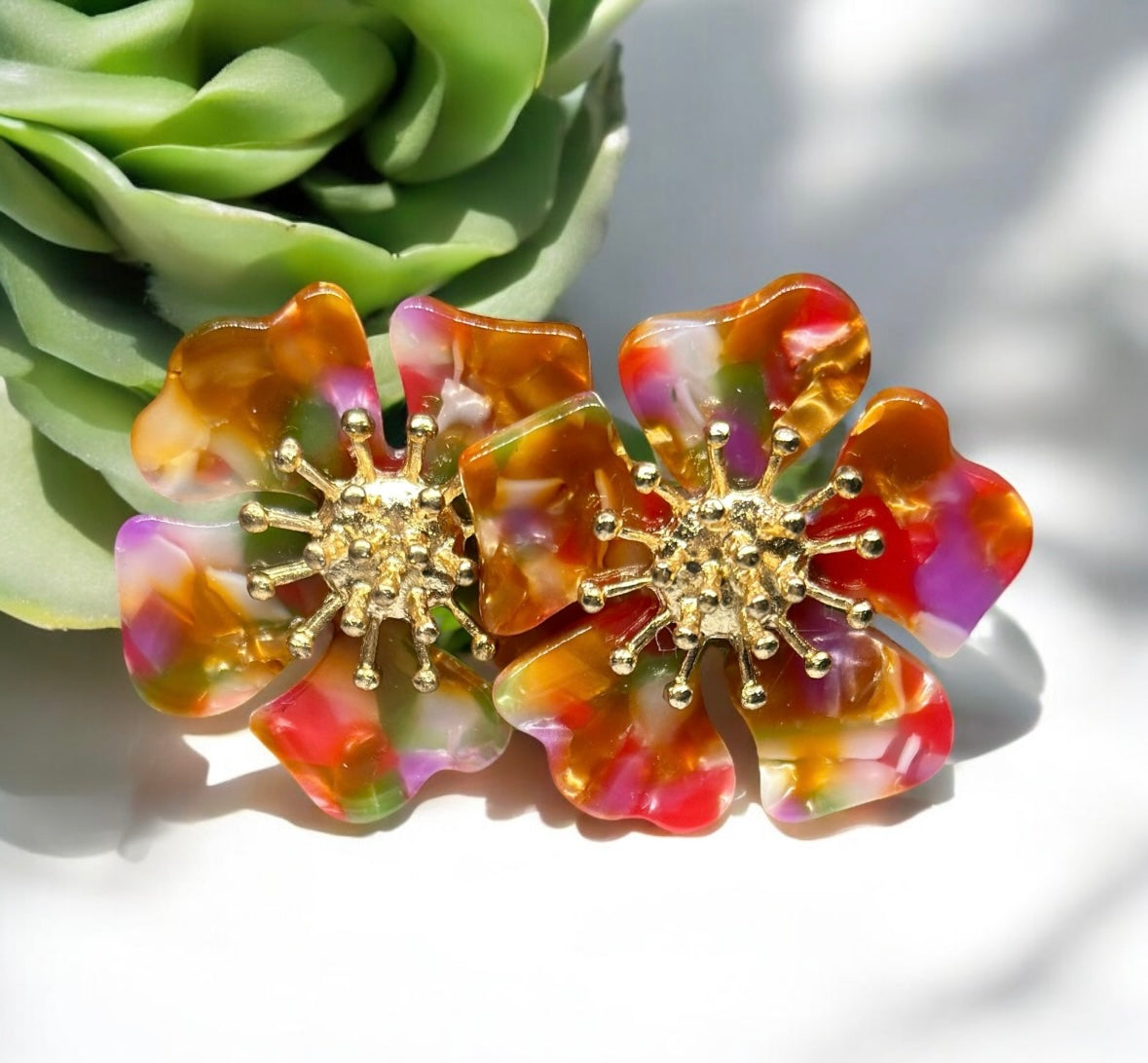 Orange - Big flowers stud earrings | layered petals with rhinestones | spring statement earrings | bridal wedding party earrings