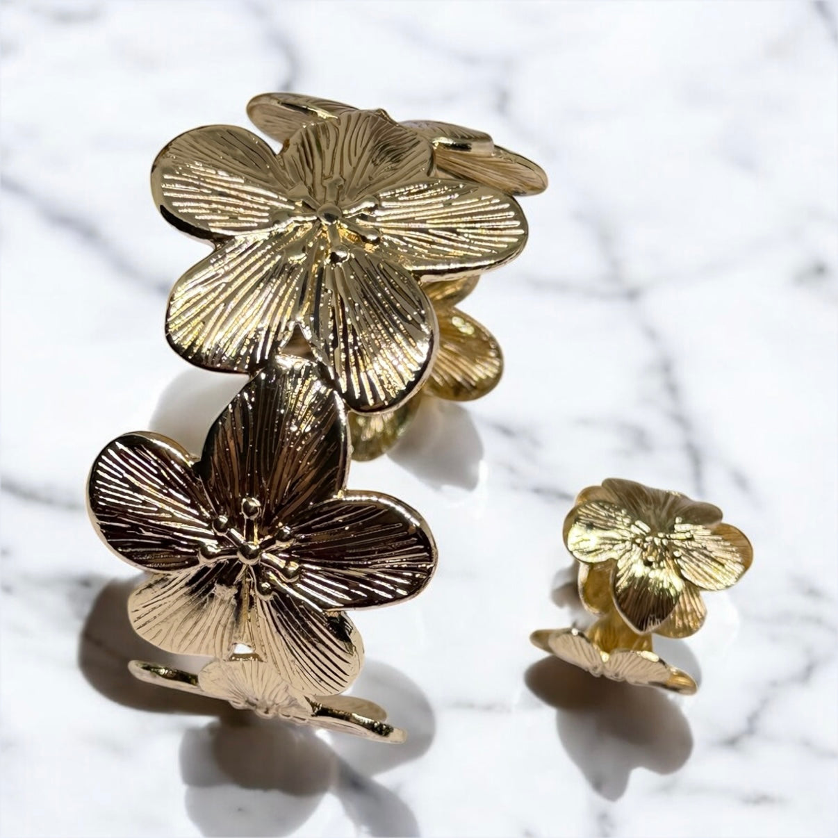Golden flower bangle and ring set | adjustable
