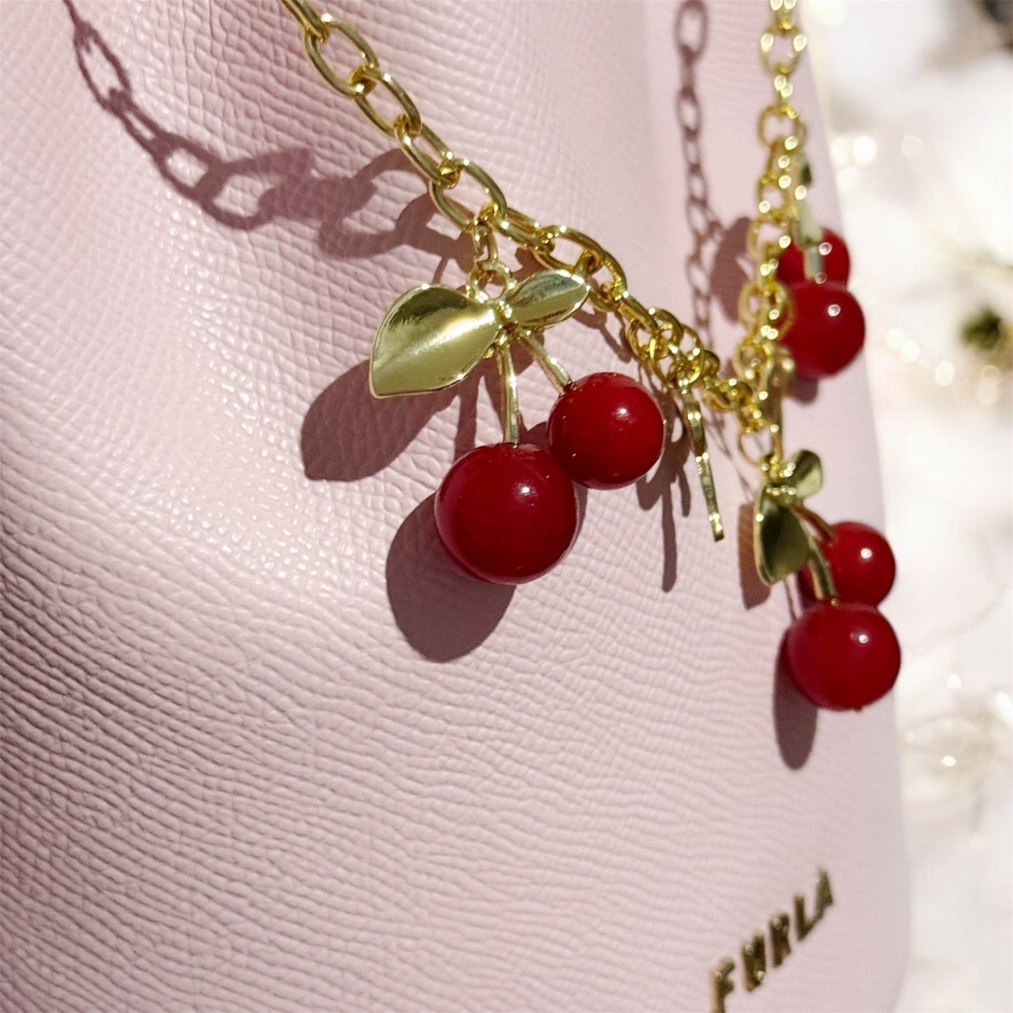 Red Cherry bag charm | key chain | golden chain with golden buckle | y2k chain | bag lover gift