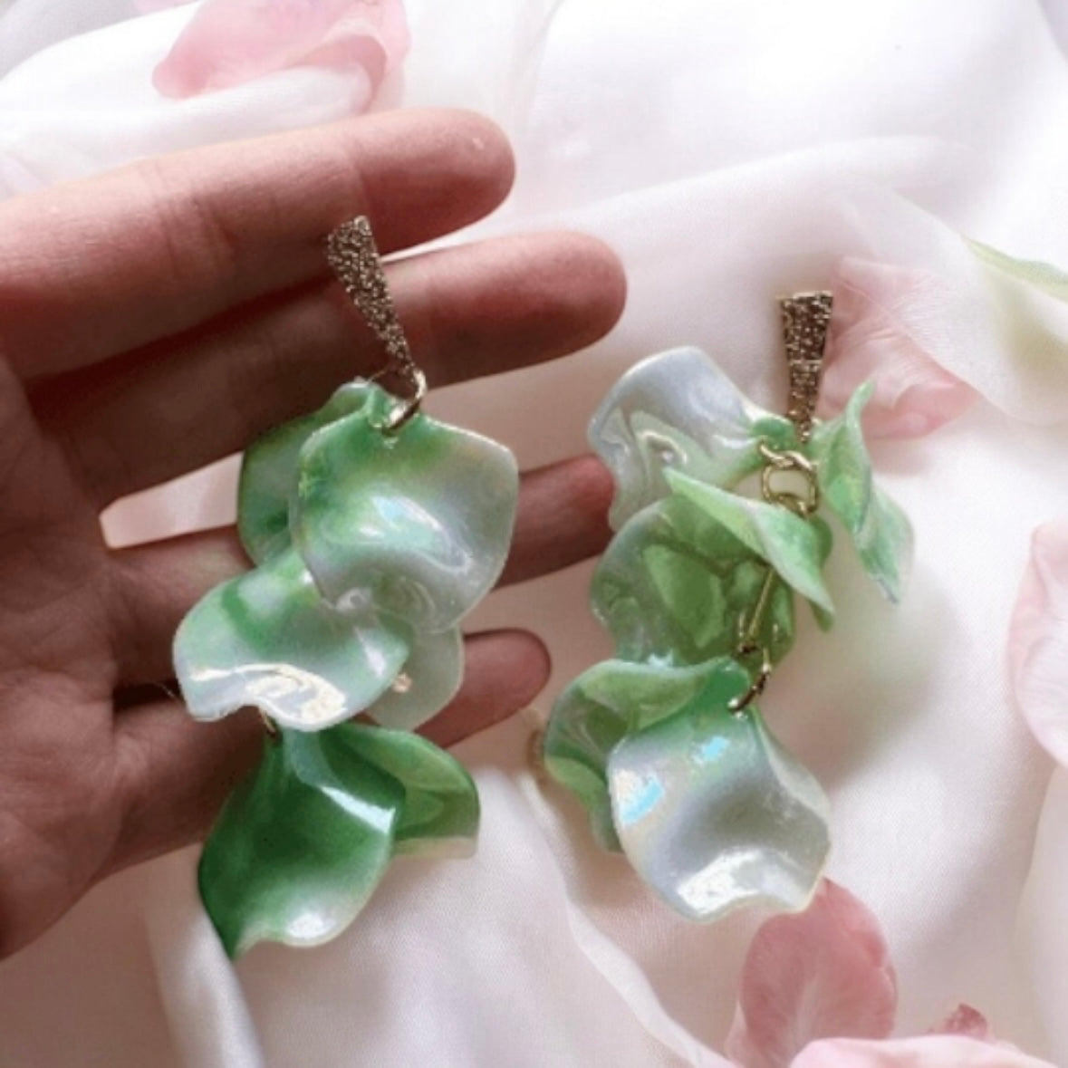 Green - Light green shinny flower earrings | pearlescent petals | bridal party wedding earrings | golden geometric floral earrings - TuttyKnitty