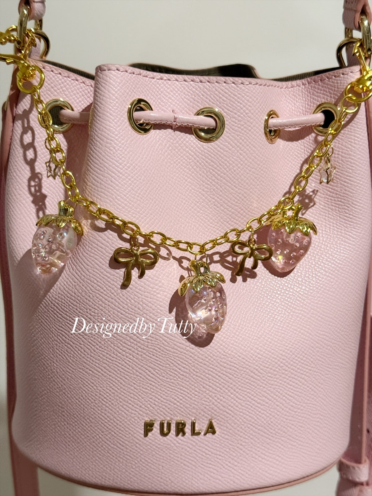 Pink strawberry bag charm | key chain | golden chain with golden buckle | y2k chain | bag lover gift