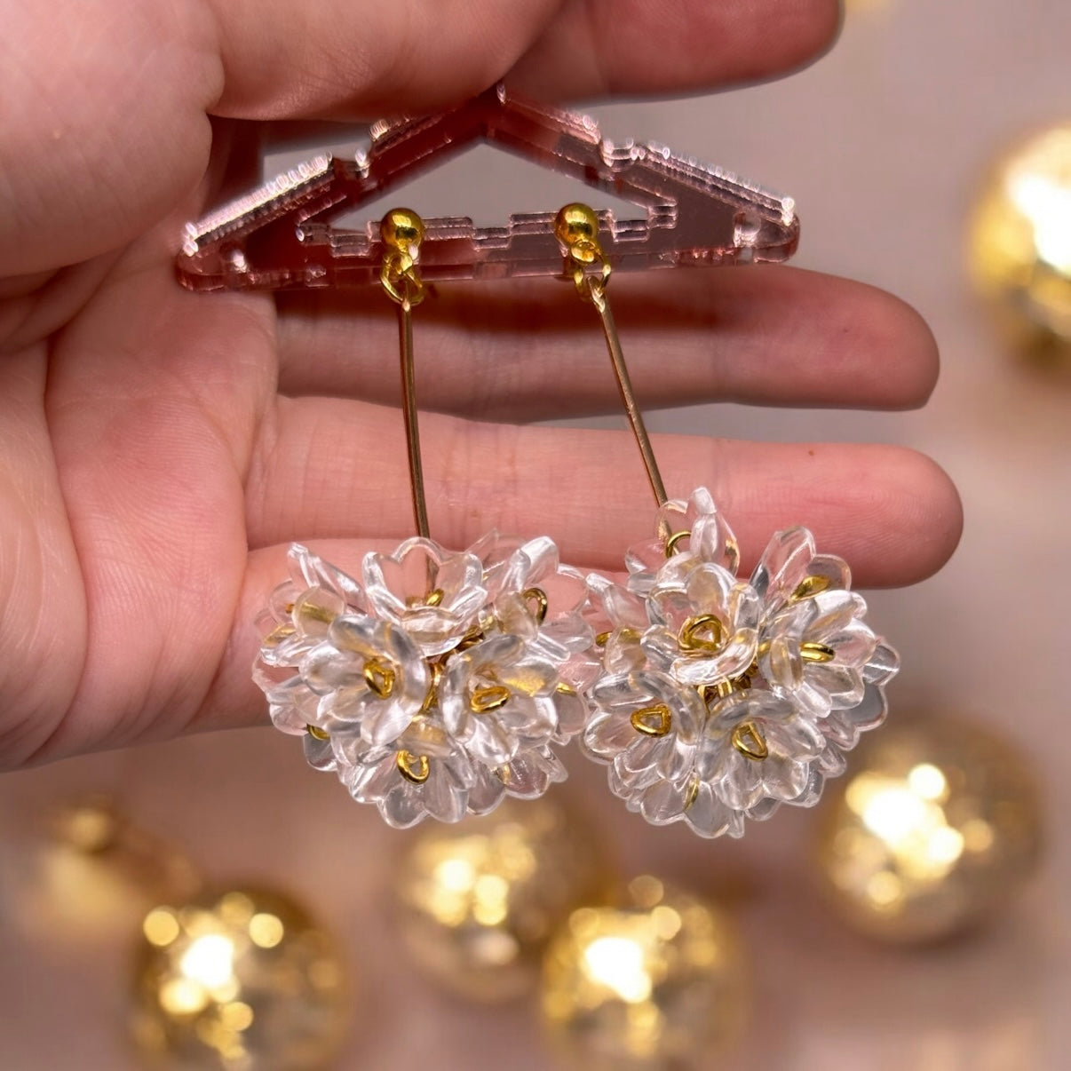 Whimsical - Clear beaded golden flower earrings