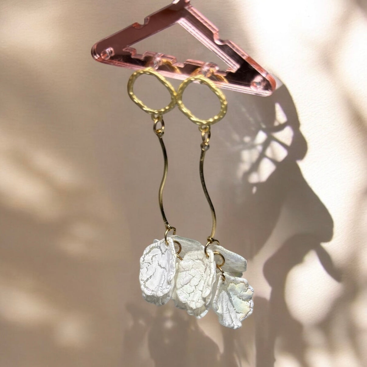 White - pearlescent flowers earrings | frosted petals earrings | unique golden floral earrings | bridal party wedding earrings