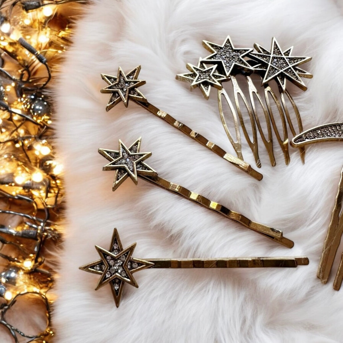 5 pack gold plated glitter stars hair clips and comb with rhinestones | korean hair accessories | vintage celestial hair slides
