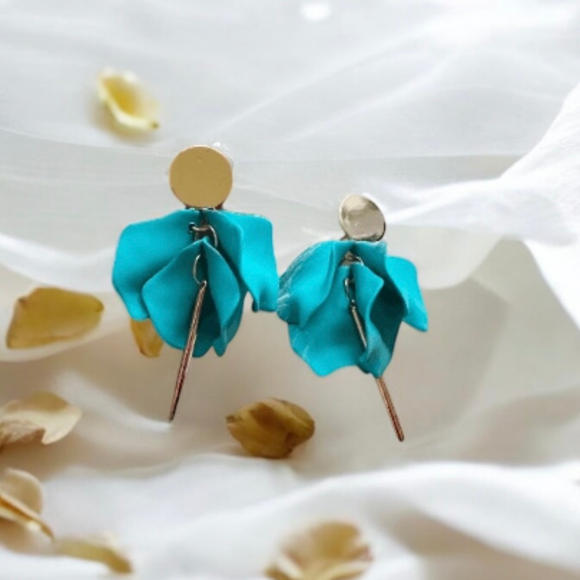 Green - Turquoise gree flower earrings |dangly earrings | frosted petals hoop statement earrings | golden bar geometric floral bridal earrings - TuttyKnitty