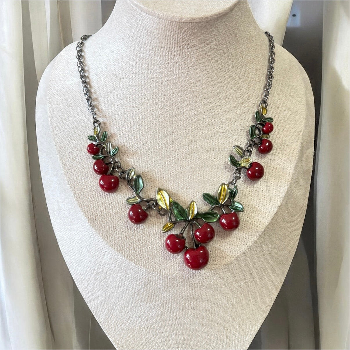 Cherry necklace and earring set with a touch of whimsy | green and red hues | cottagecore | fairycore