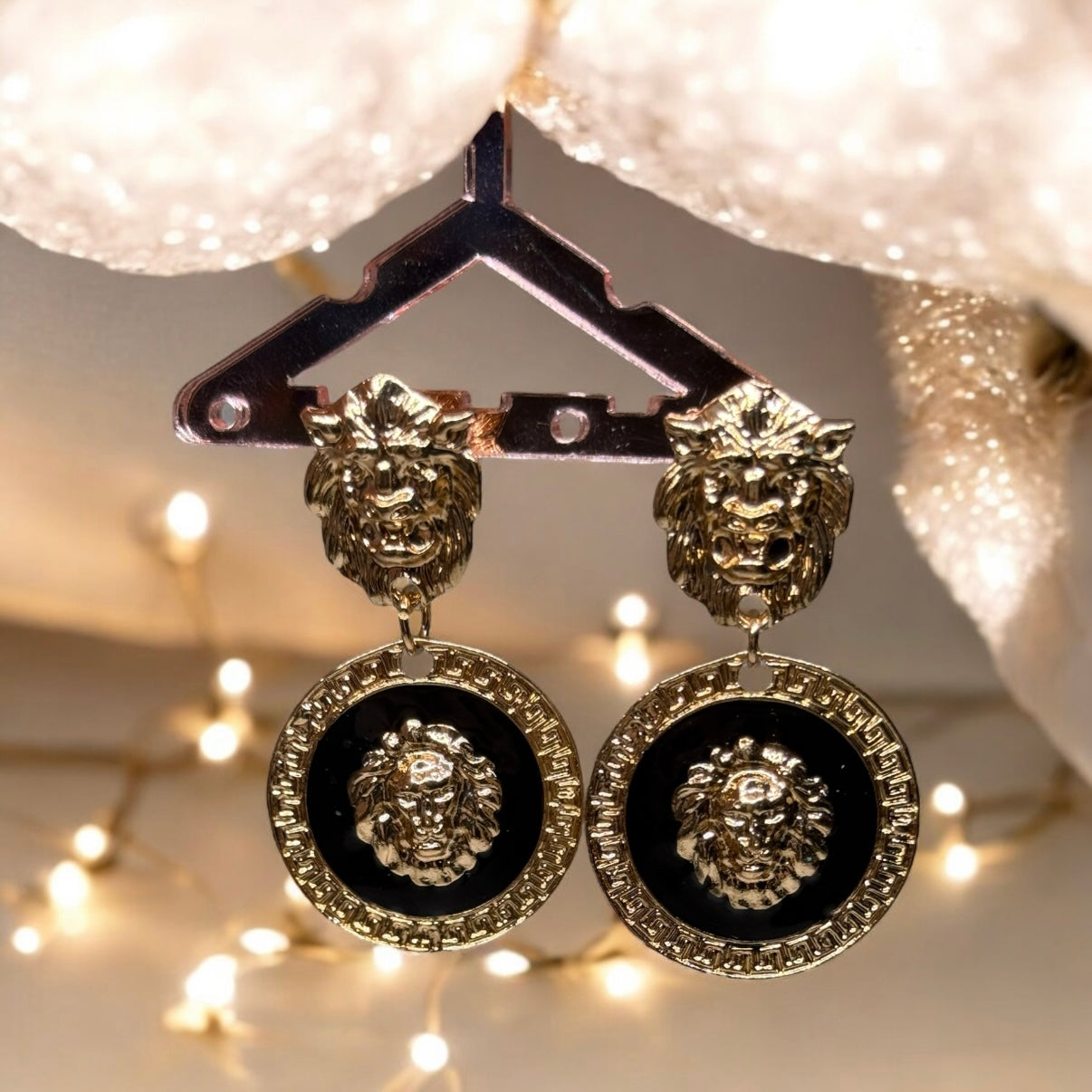 Lux - Gold and black earrings | Lion head earrings | korean earrings | baroque style earrings| Medallion shaped dangle earrings