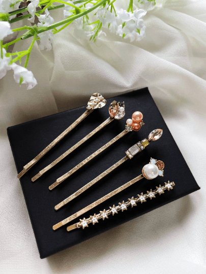 6 pack Vintage brass hair pins with rhinestones and resin stones | floral bobby pins | korean hair accessories | vintage hair slides - TuttyKnitty