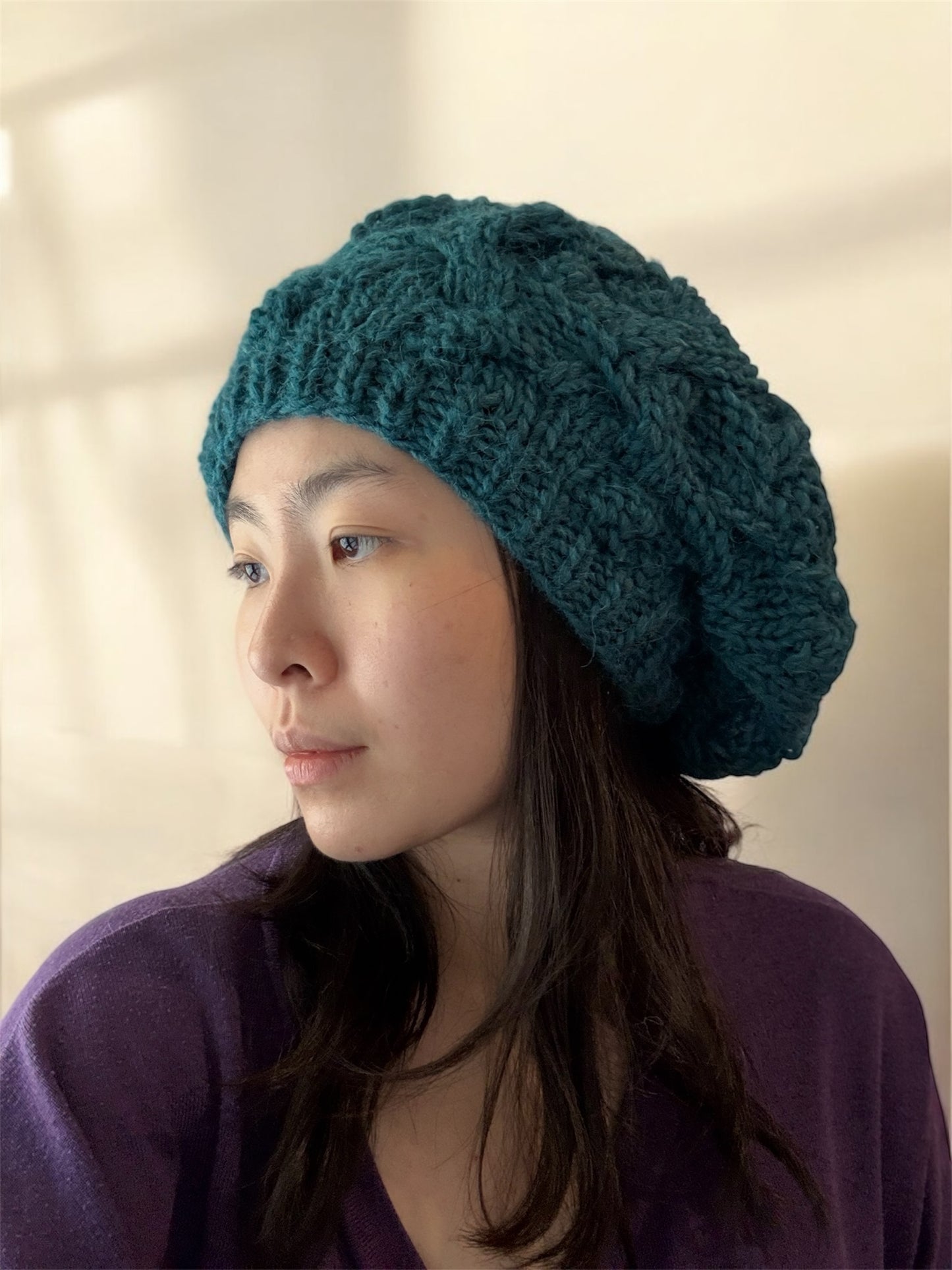 Handknit Cable Slouchy Beanie | Knit Beret | Slouchy Hat in teal green Knit beanie in chartreuse | Fluffy and cozy winter hat