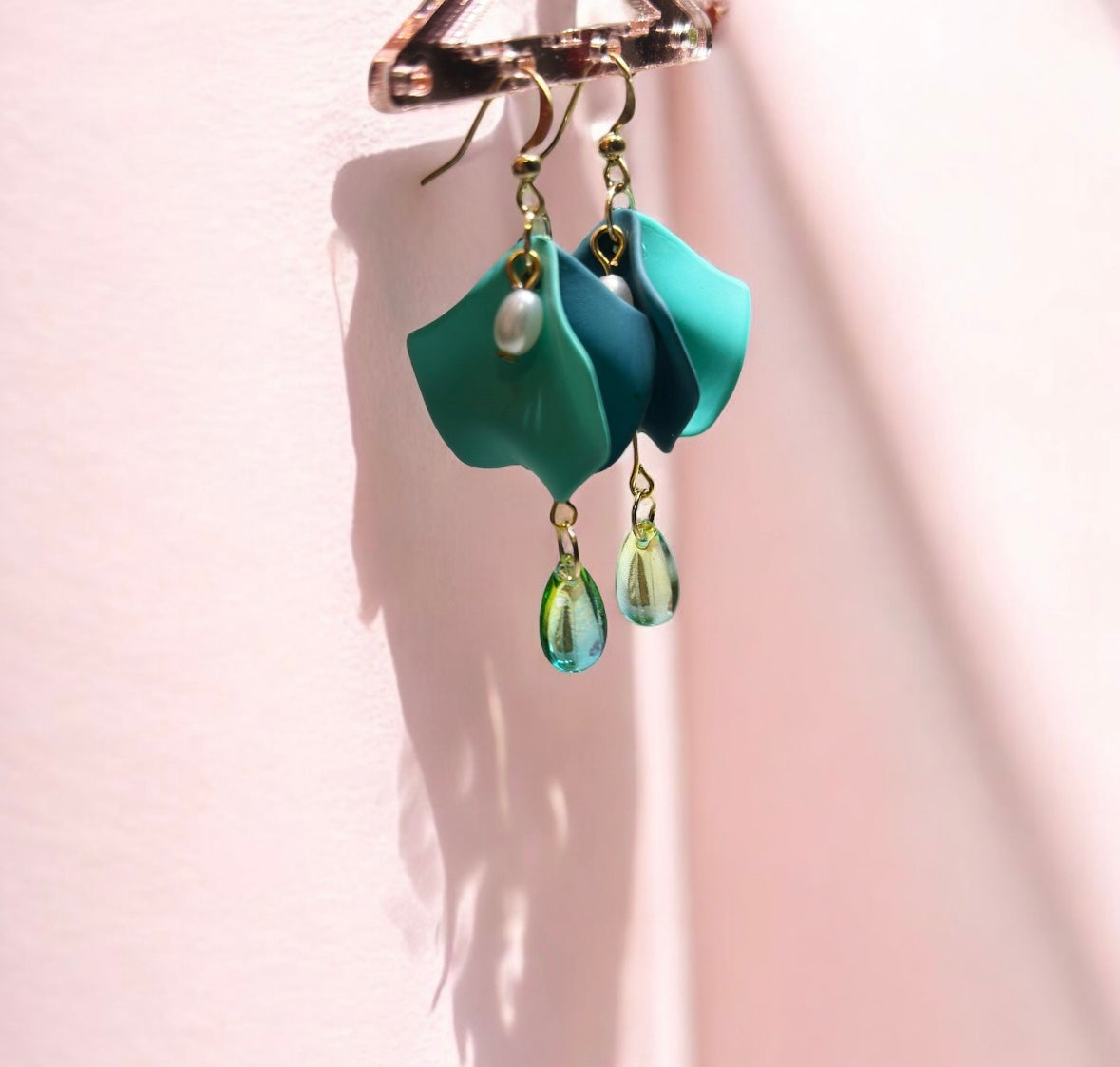 Green - Turquoise green flower earrings | dangle petals floral earrings | bridal party wedding earring