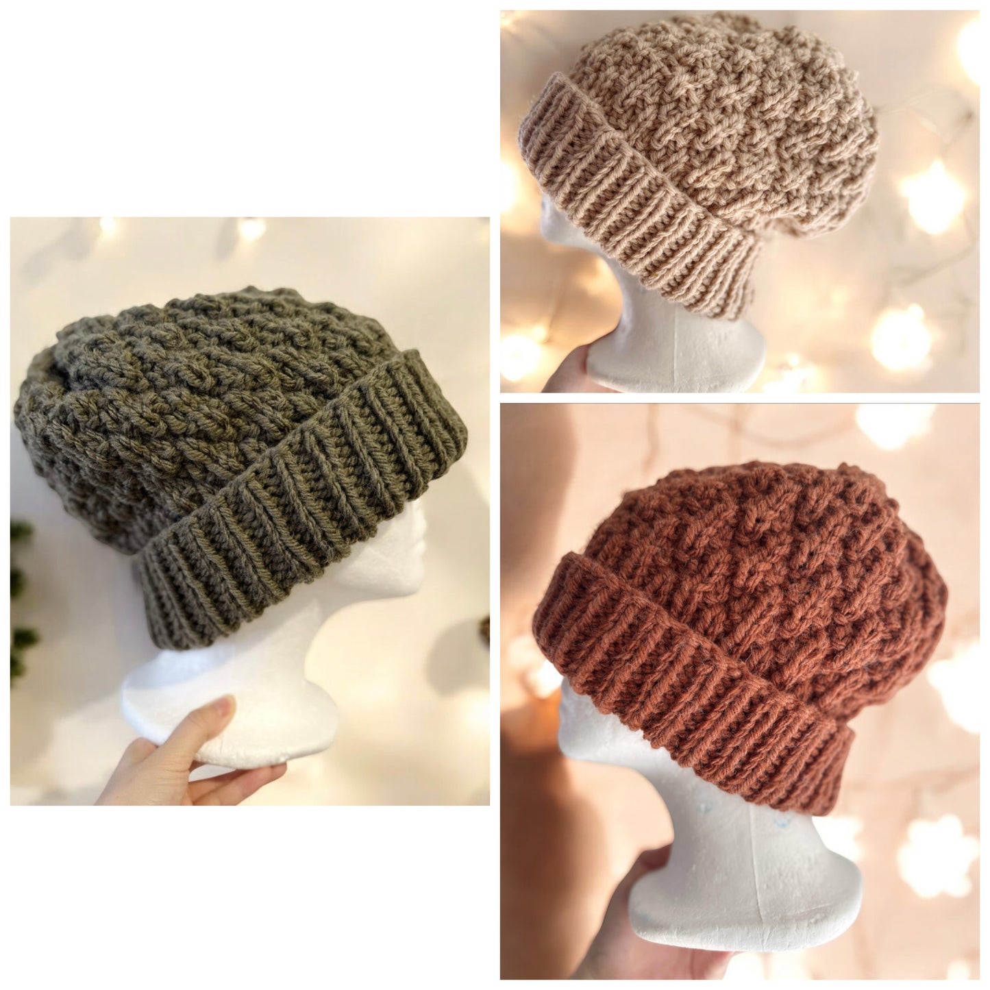 Hand knit Chunky Patterned Beanie | Knit Beret | Foldable brim in saffron | Knit beanie in coffee | Fluffy and cozy winter hat