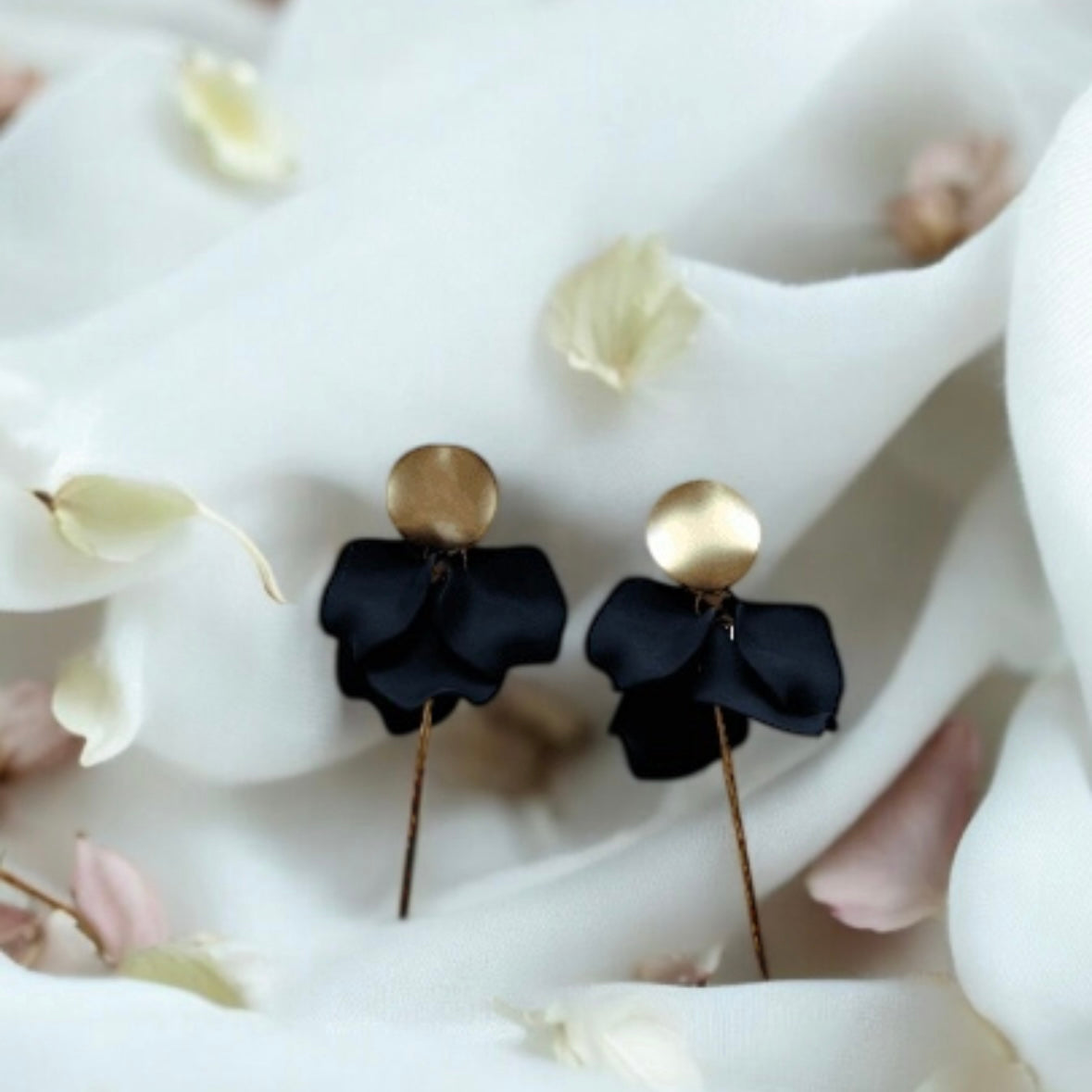 Black - flowers earrings | frosted petals hoop earrings | unique floral earrings | golden crumpled geometric floral bridal earrings - TuttyKnitty