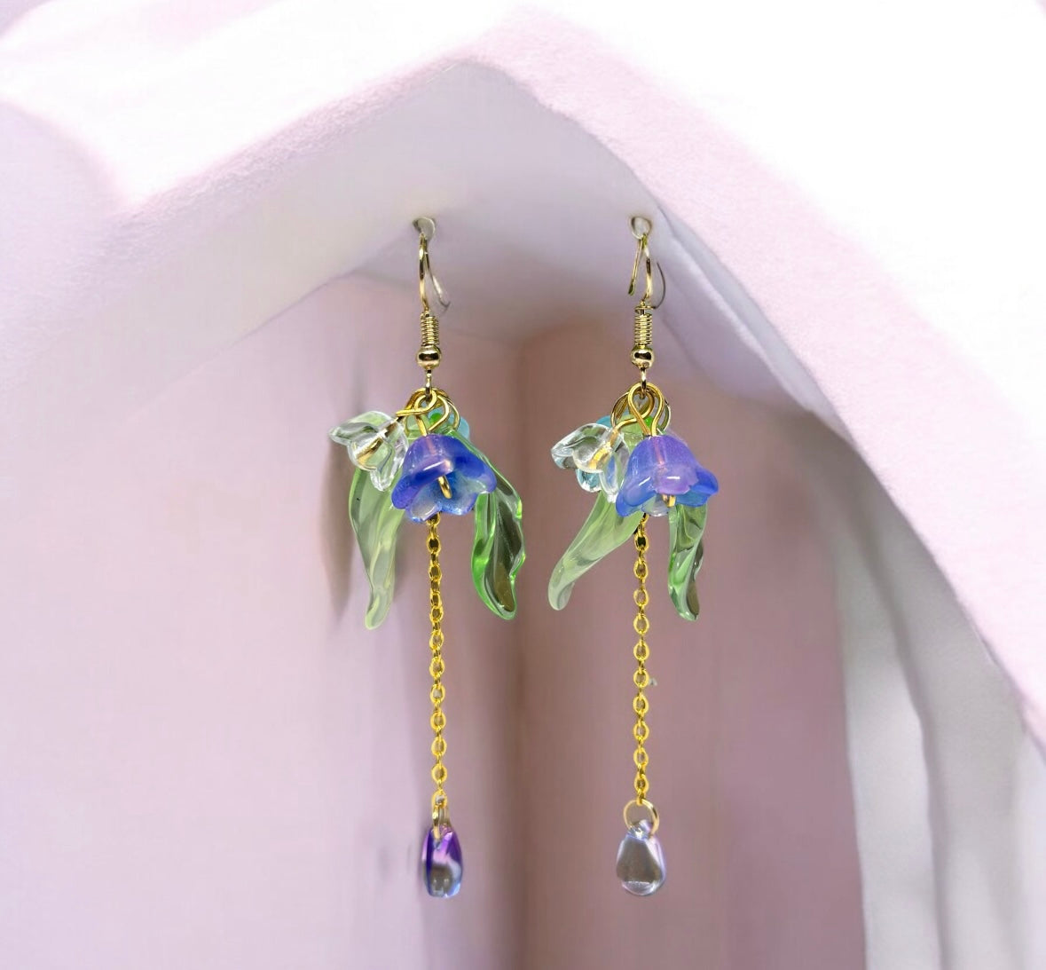 Whimsical - Purple blue pastel flower earrings | golden leaf mini flower earrings | elegant floral dangle chain earrings