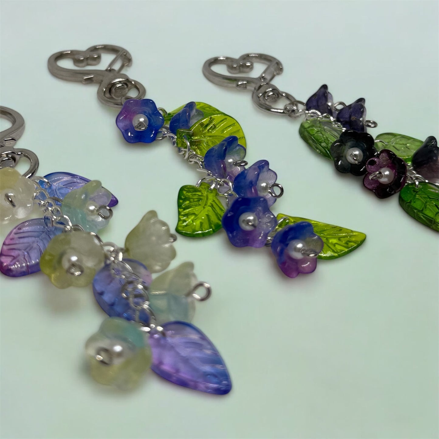 Beaded glass flowers bag charm | key chain | silver heart chain with flowers and leaf