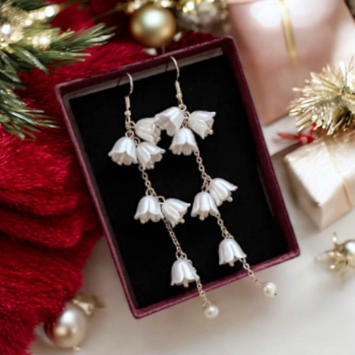 Whimsical - Lily of the valley earrings |Kawaii cute fun chain earrings | korean art colourful dangle | white or pink frosted flower bridal earrings - TuttyKnitty
