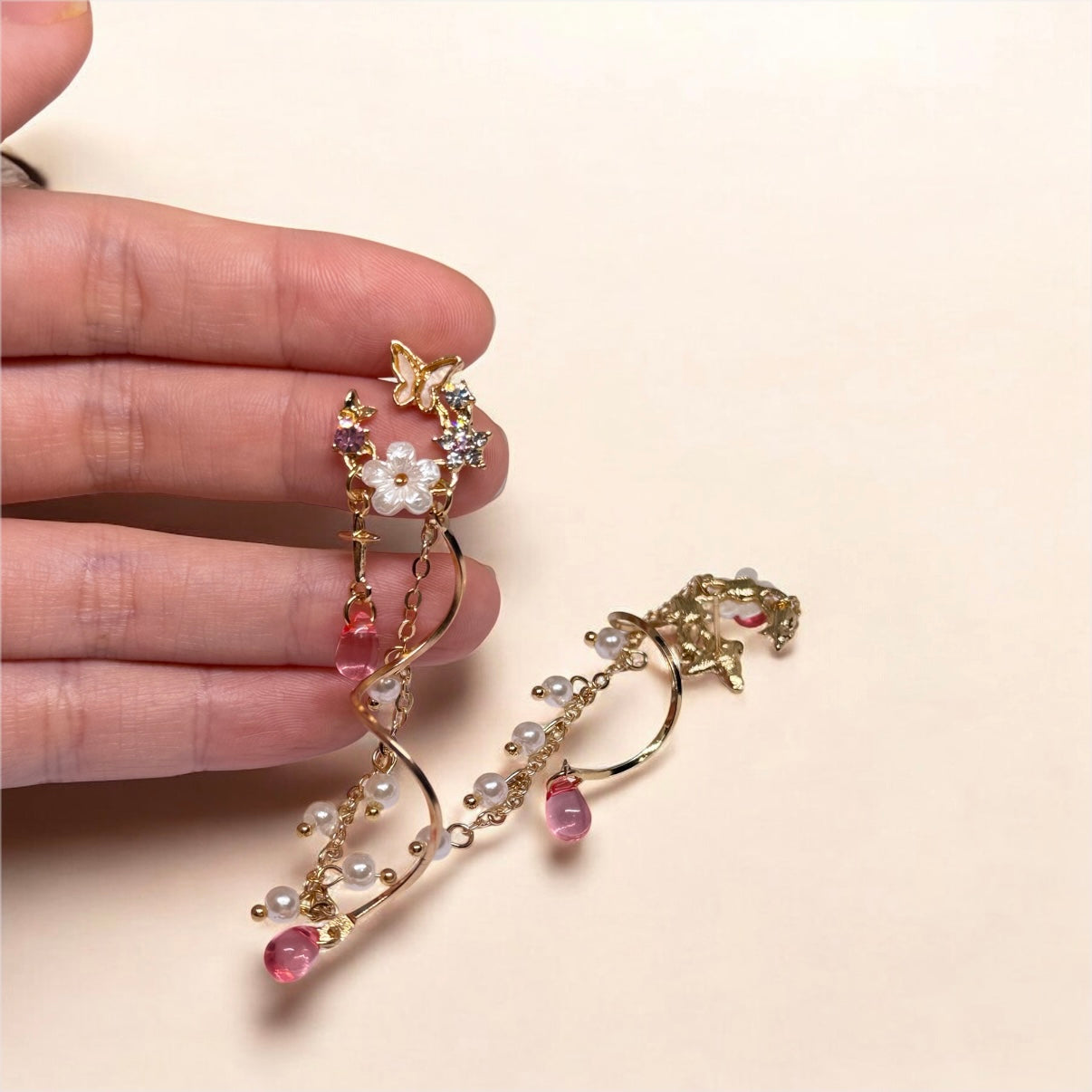 Whimsical - pink butterfly rhinestone flower earrings