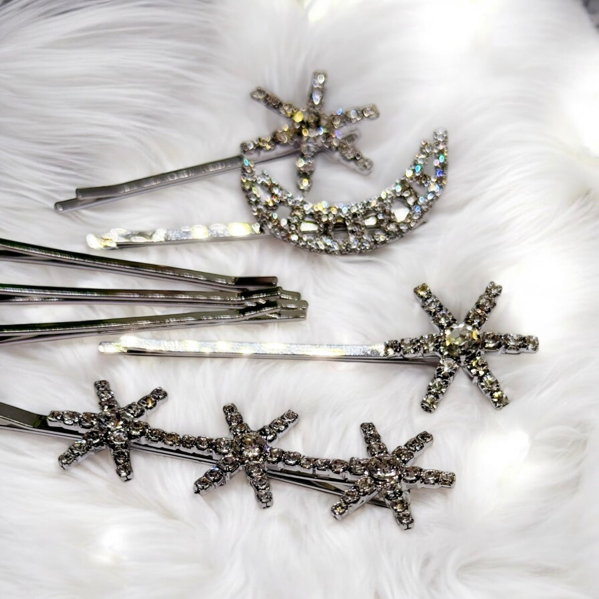 Silver glitter style celestial bridal hair clips set | rhinestones embedded vintage style hair slides | korean hair accessories | bobby pin