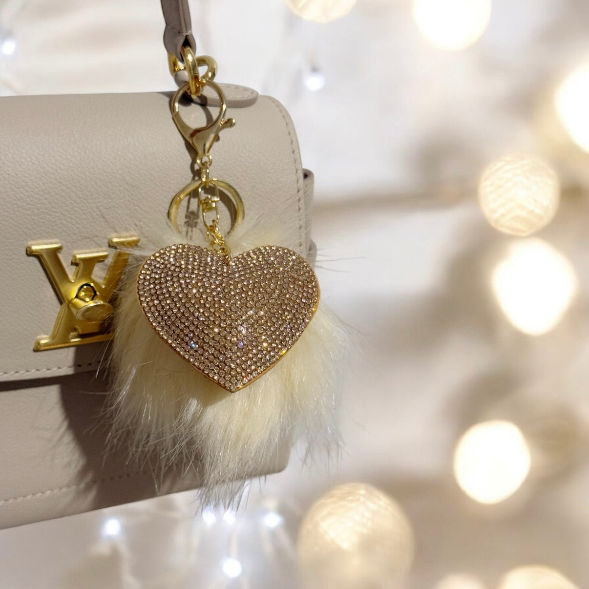 Glitter beige heart keychain | faux fur pompom | bag charm | lux trendy bag charm