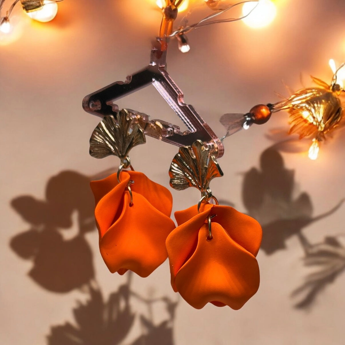 Orange - flower earrings | dangle petals statement earrings | unique golden ginkgo floral earrings | bridal party wedding earrings