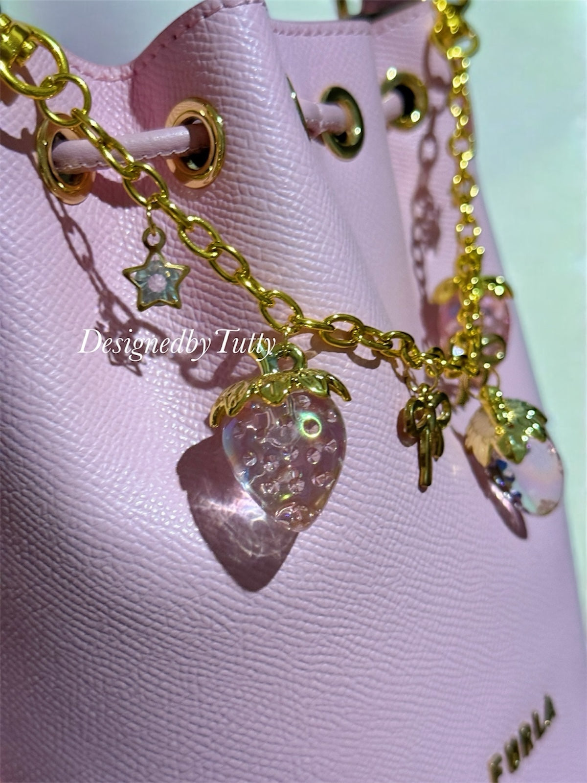 Pink strawberry bag charm | key chain | golden chain with golden buckle | y2k chain | bag lover gift