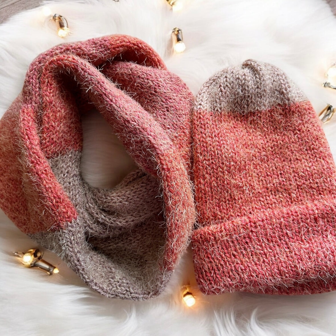 Handmade Double layered hand Knit beanie and circular scarf set | Winter Knit Hat foldable | matching scarf | soft and cozy (orange)