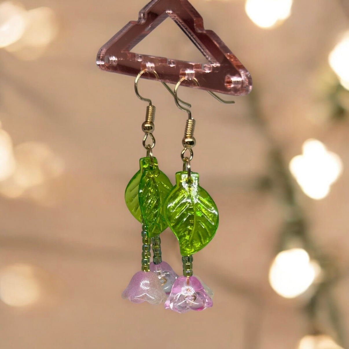Whimsical - Beaded pink flower earrings | golden leaf mini flower earrings | elegant floral dangle chain earrings