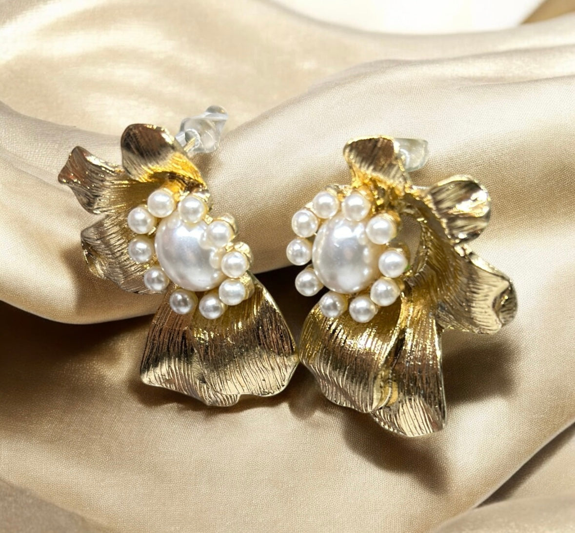 Floral - Blossom flower earrings | golden plant textured earrings | oversize dangle drop earrings | floral baroque style earrings