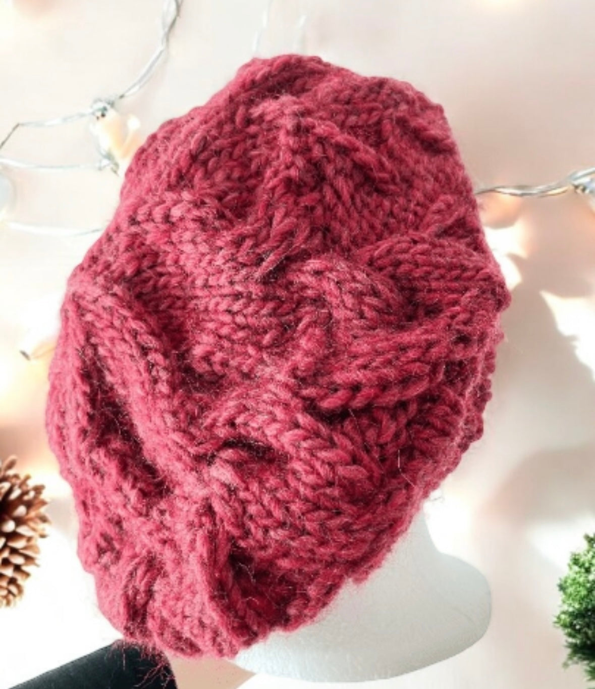 Handknit Cable Slouchy Beanie | Knit Beret | Slouchy Hat in red colour| Knit beanie in burgundy | Fluffy and cozy winter hat - TuttyKnitty