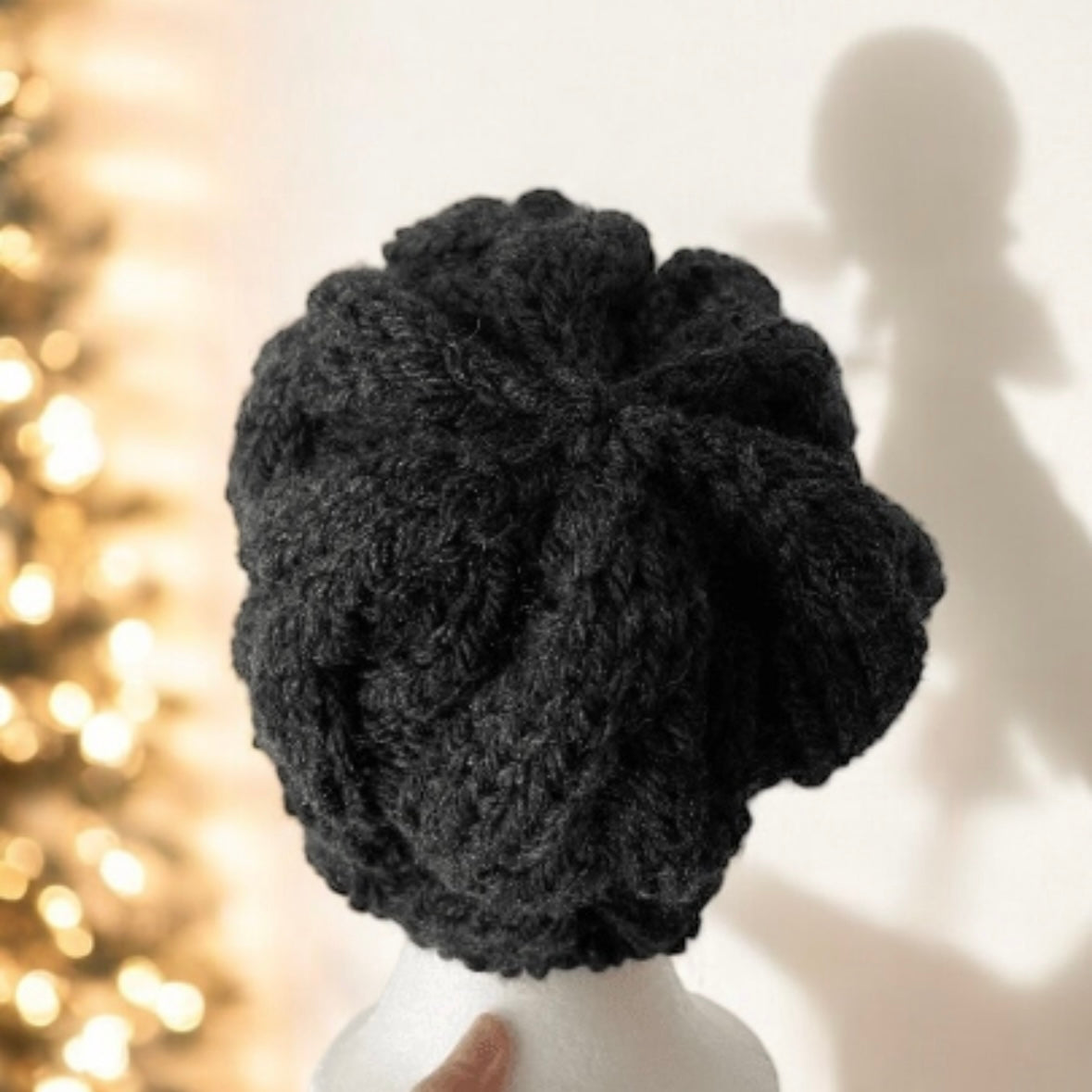 Hand knit Chunky Cable Slouchy Beanie | Knit Beret | Slouchy Hat in black colour| Knit beanie in charcoal | Fluffy and cozy winter hat