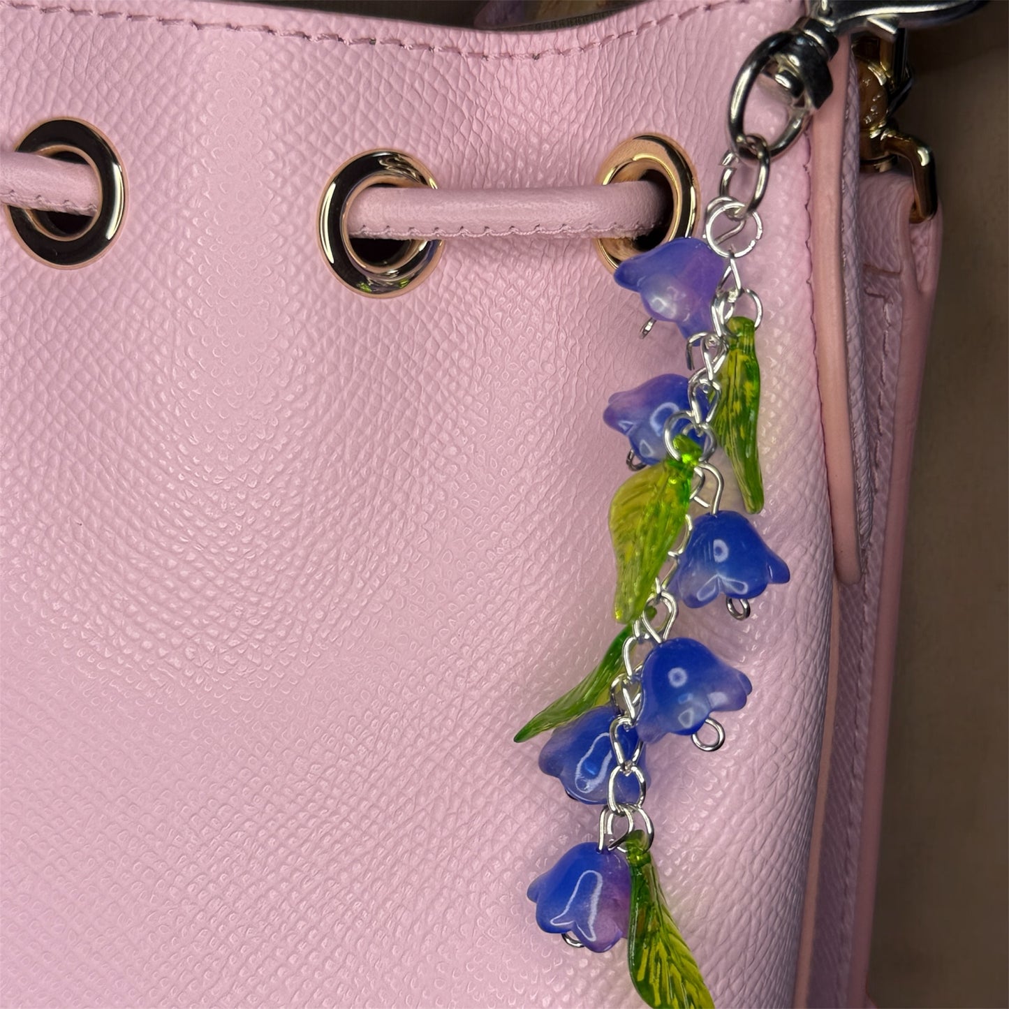 Beaded glass flowers bag charm | key chain | silver heart chain with flowers and leaf