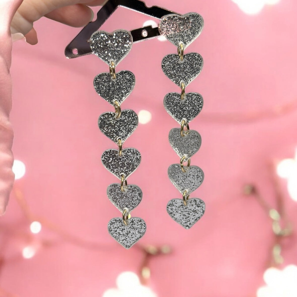 Long chain acrylic heart earrings | silver glitter lightweight earrings| fun art earrings - TuttyKnitty