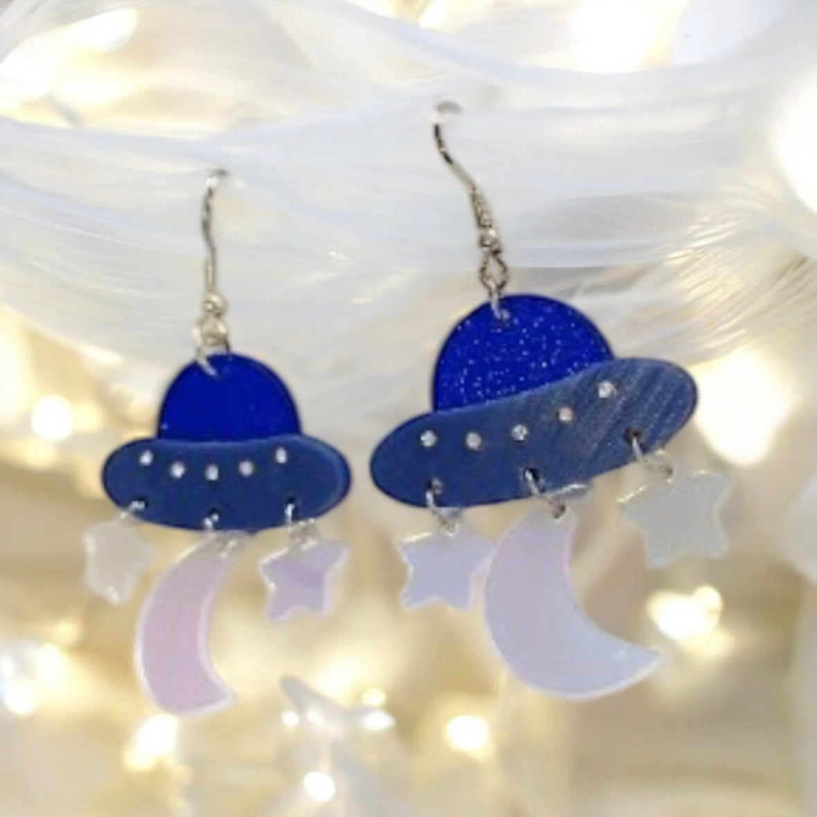 Quirky - Blue planet earrings | spaceship ufo earrings | colourful clear iridescent dangle earrings | halgoram fun earrings
