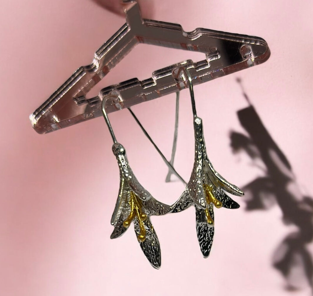 Lux - Silver lily leaf Flower Gold statement earrings | dangly drop earrings | floral geometric earrings | Korean earrings