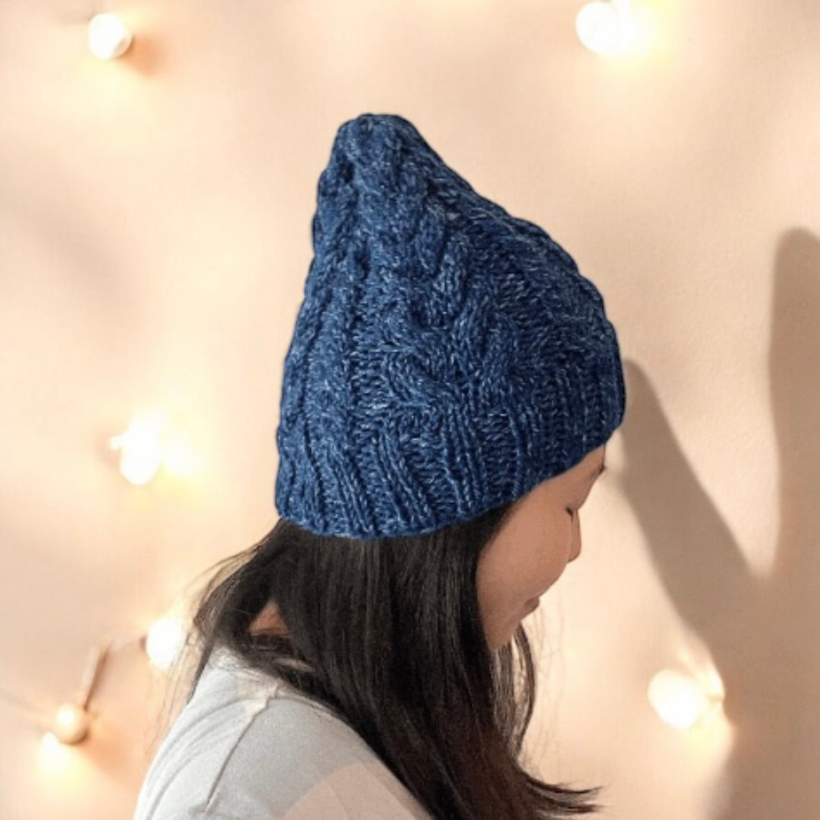 Hand knit Dark Blue Cable Knitted Beanie with Denim Effect | blue knit hat | adult women or men beanie | Winter knit slouchy hat
