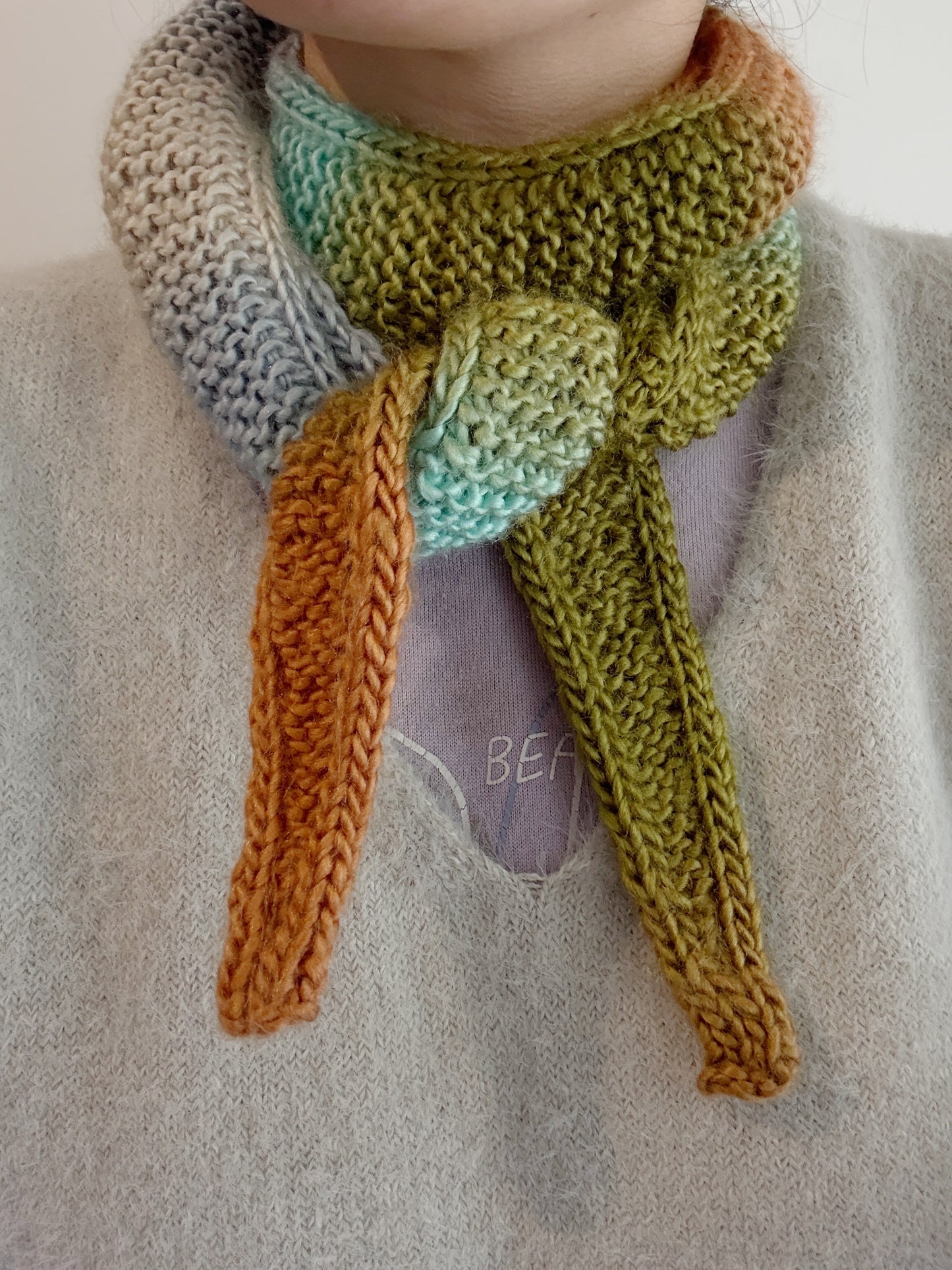 Sophie scarf in brown blue green mix | hand knit neckechief | winter wrap | small skinny scaf | handmade gift | tiktok viral scarf