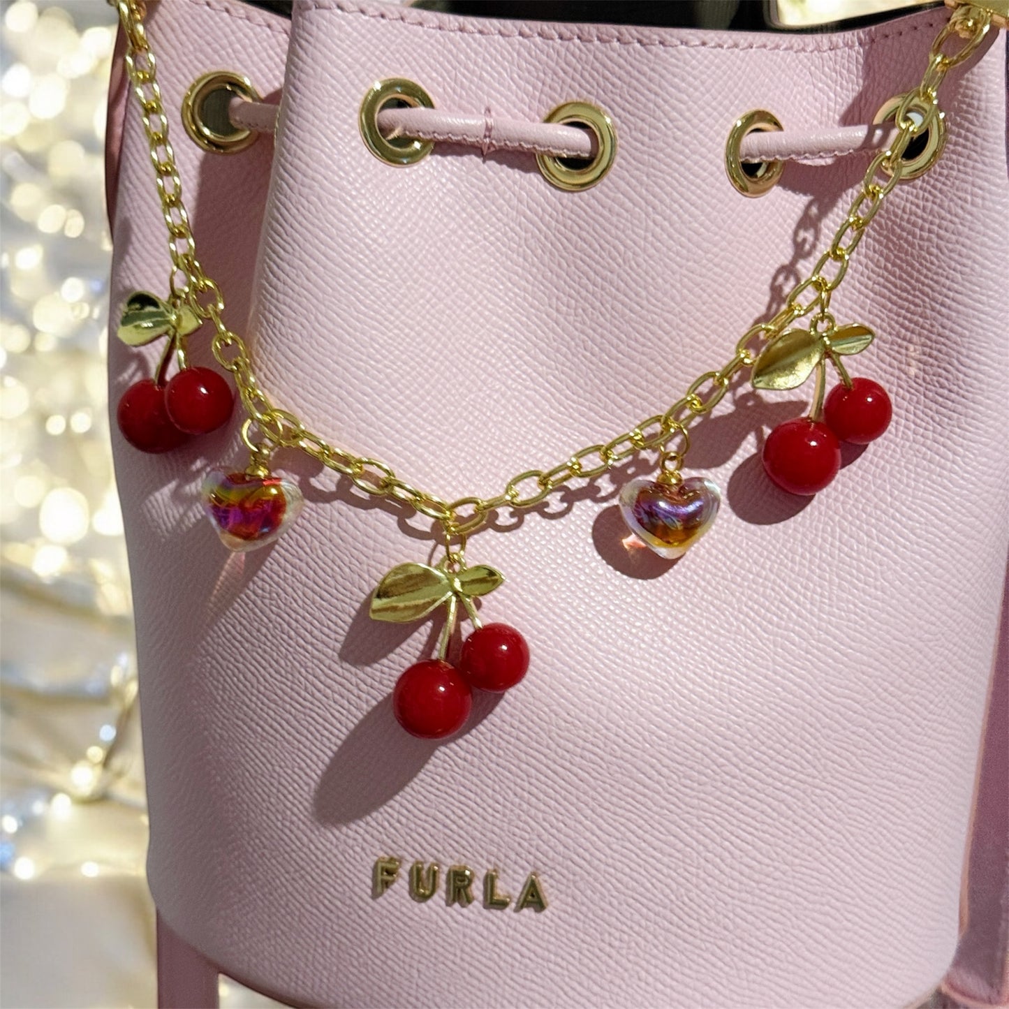 Red Cherry bag charm | key chain | golden chain with golden buckle | y2k chain | bag lover gift