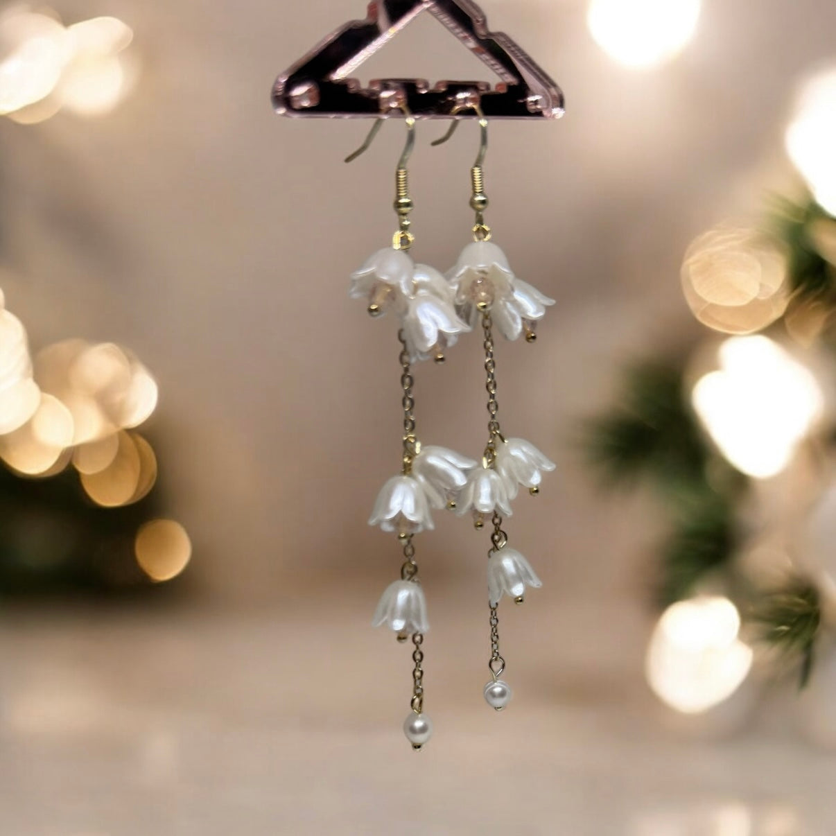 Whimsical - Lily of the valley earrings |Kawaii cute fun chain earrings | korean art colourful dangle | white or pink frosted flower bridal earrings - TuttyKnitty