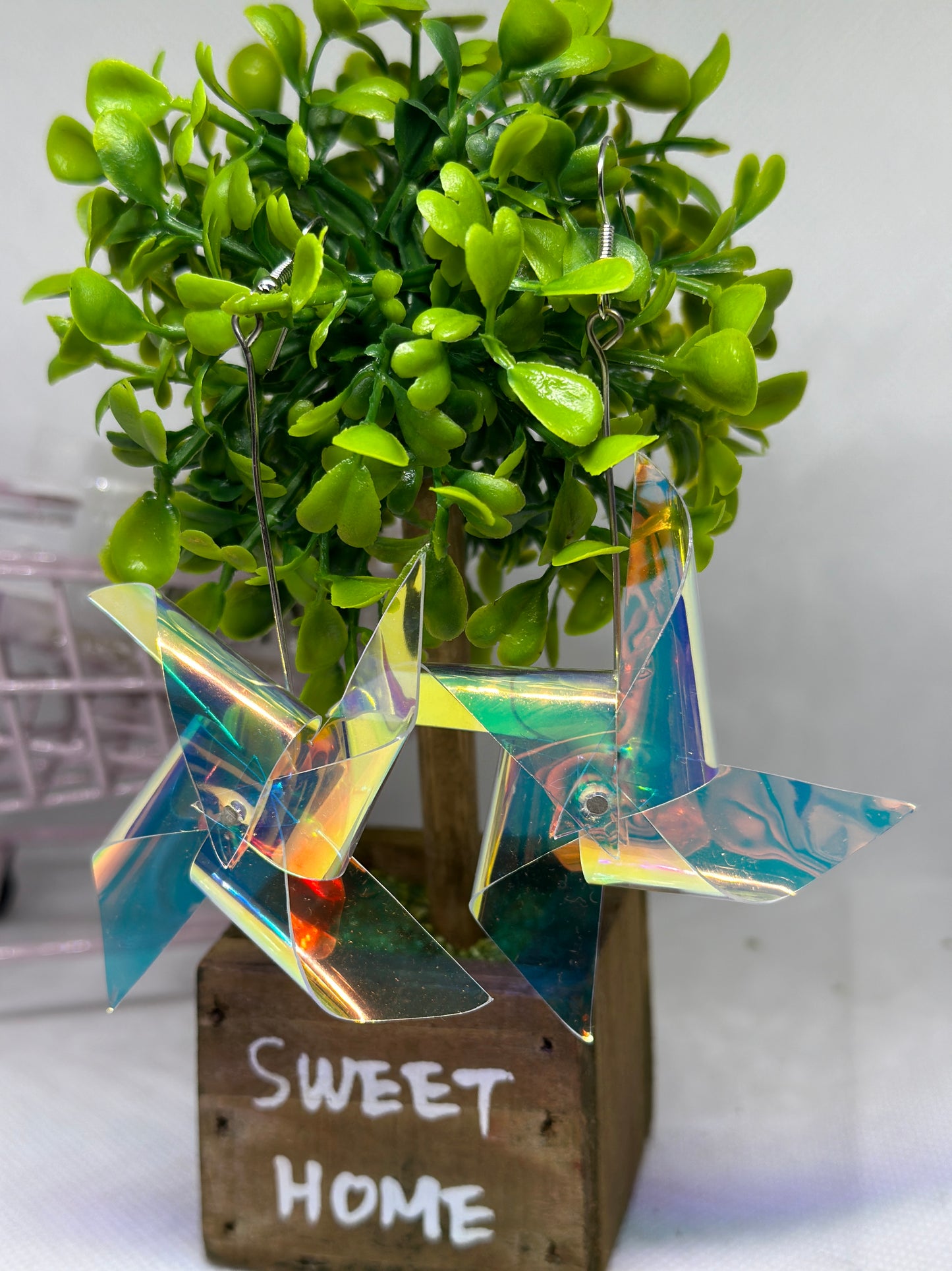 Y2K - Large Iridescent windmill earrings | transparent hologram pinwheel kawaii dangle earrings | pop art aesthetic y2k fun drop earrings