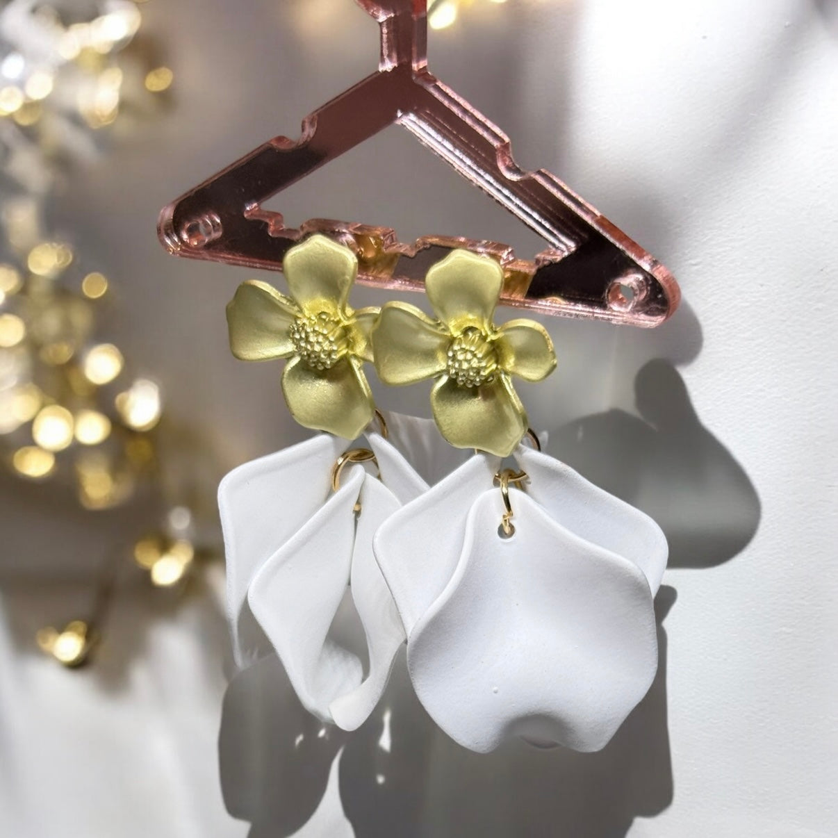 White - flower earrings | dangle petals baroque earrings | unique golden floral earrings | bridal party wedding earrings - TuttyKnitty