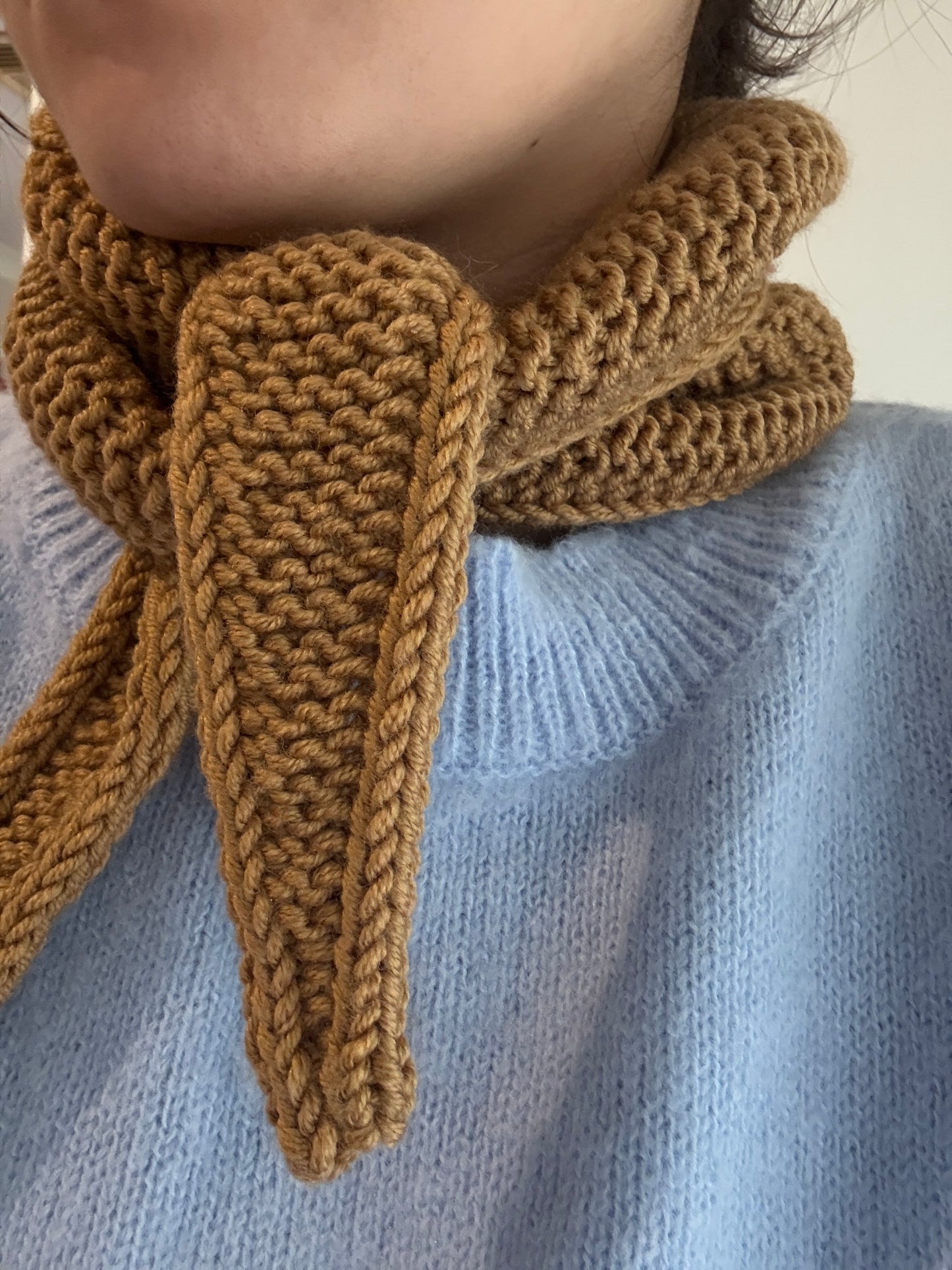Sophie scarf in dark sand | hand knit neckechief | winter wrap | small skinny scarf | handmade gift | tiktok viral scarf | wool yarn