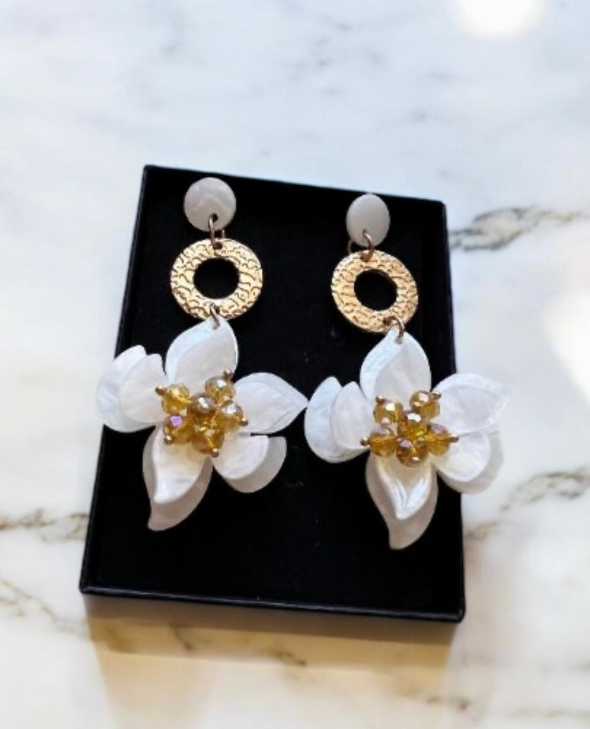 White - Acetate crystal flowers earrings | diamante rhinestones flower earrings | oversize spring blossom | floral statement earrings